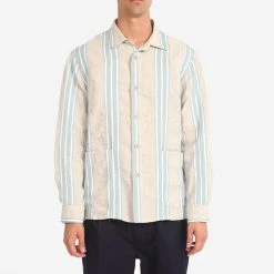 East Harbour Surplus Hadley Linen Overshirt - Beige/Blue Stripe