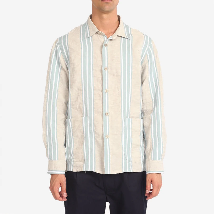 East Harbour Surplus Hadley Linen Overshirt - Beige/Blue Stripe