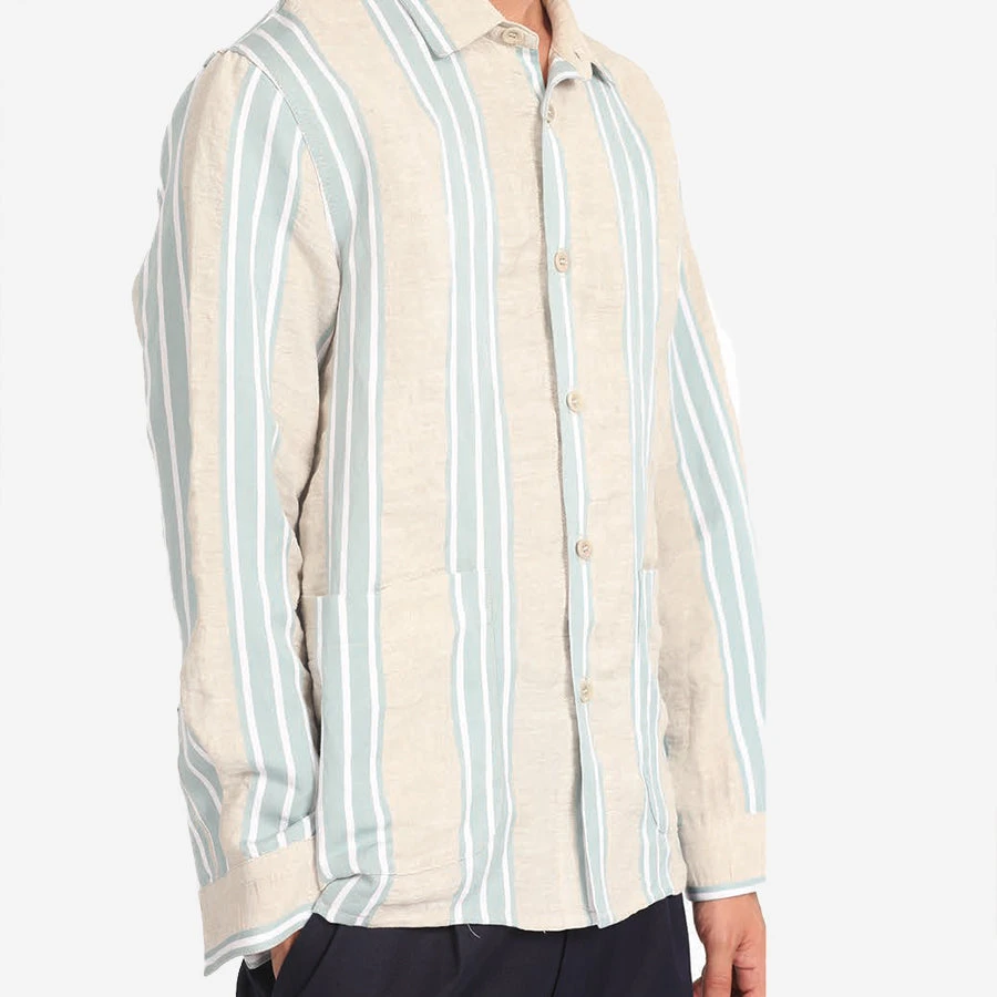 East Harbour Surplus Hadley Linen Overshirt - Beige/Blue Stripe - Image 2