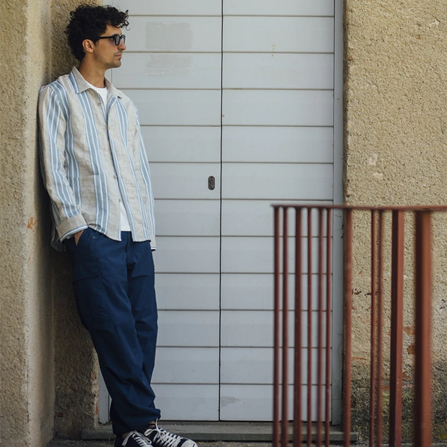 East Harbour Surplus Hadley Linen Overshirt - Beige/Blue Stripe - Image 3