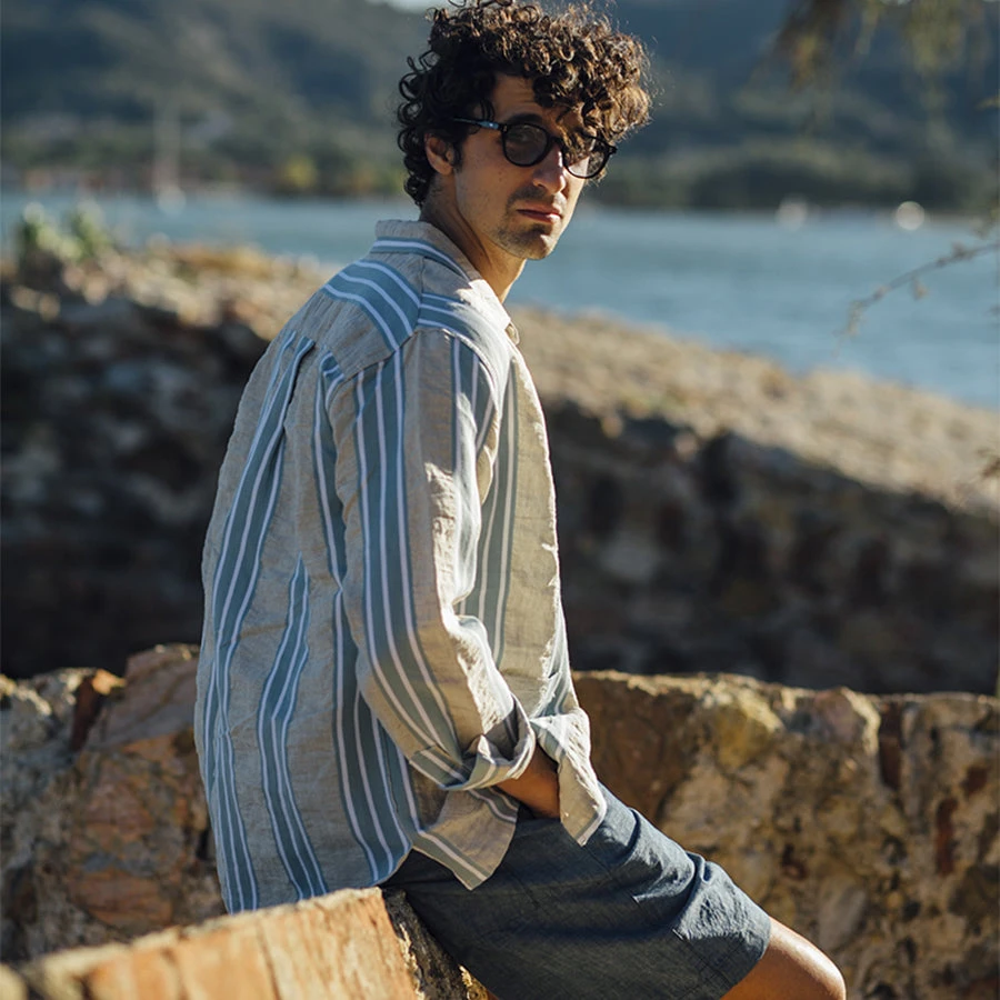 East Harbour Surplus Hadley Linen Overshirt - Beige/Blue Stripe - Image 4