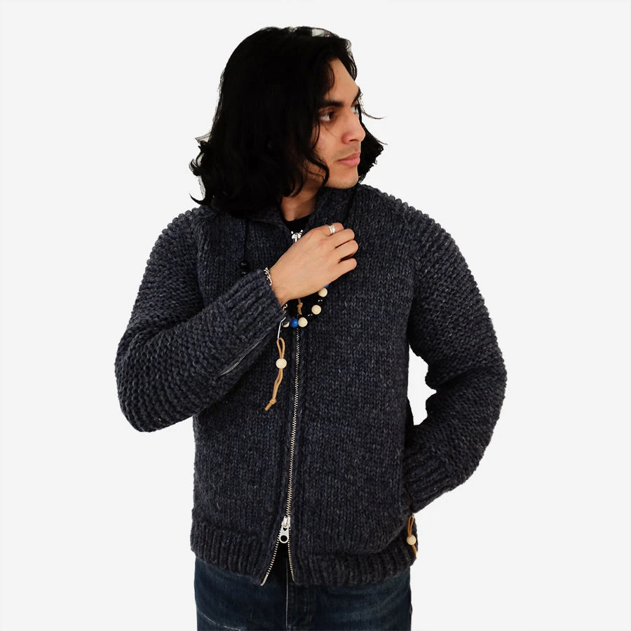 FAIZ T.S. Moto Zip Wool Knit Cowichan Sweater - Charcoal Grey - Image 4