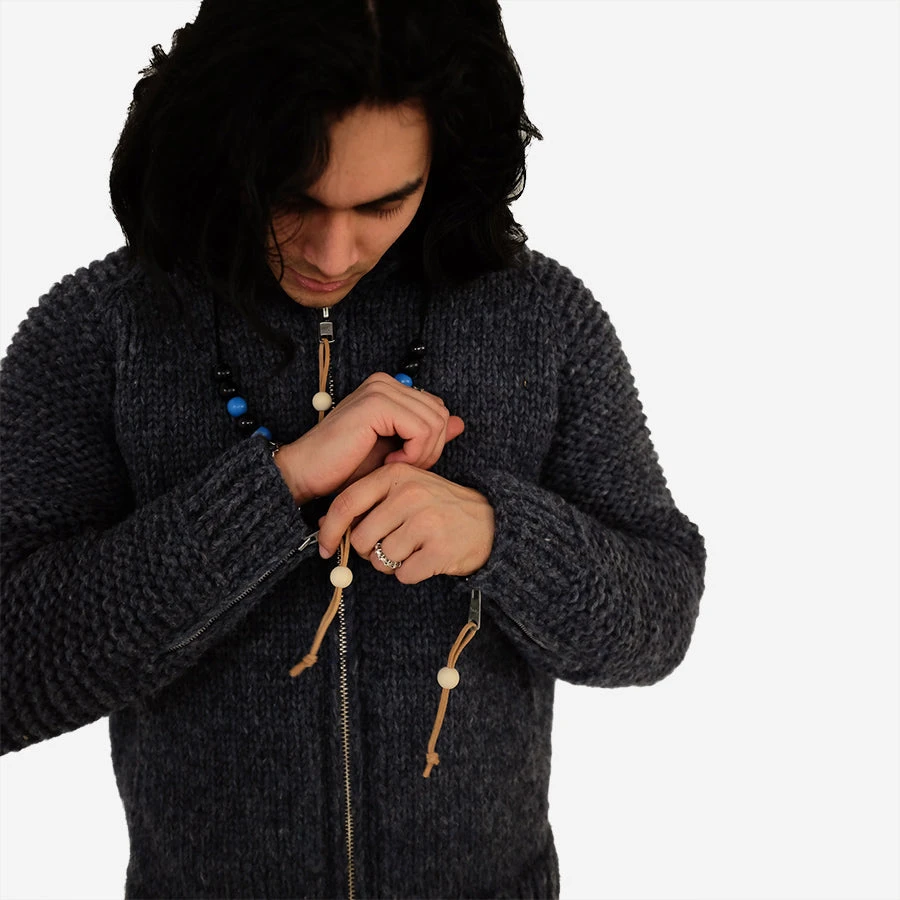 FAIZ T.S. Moto Zip Wool Knit Cowichan Sweater - Charcoal Grey - Image 6