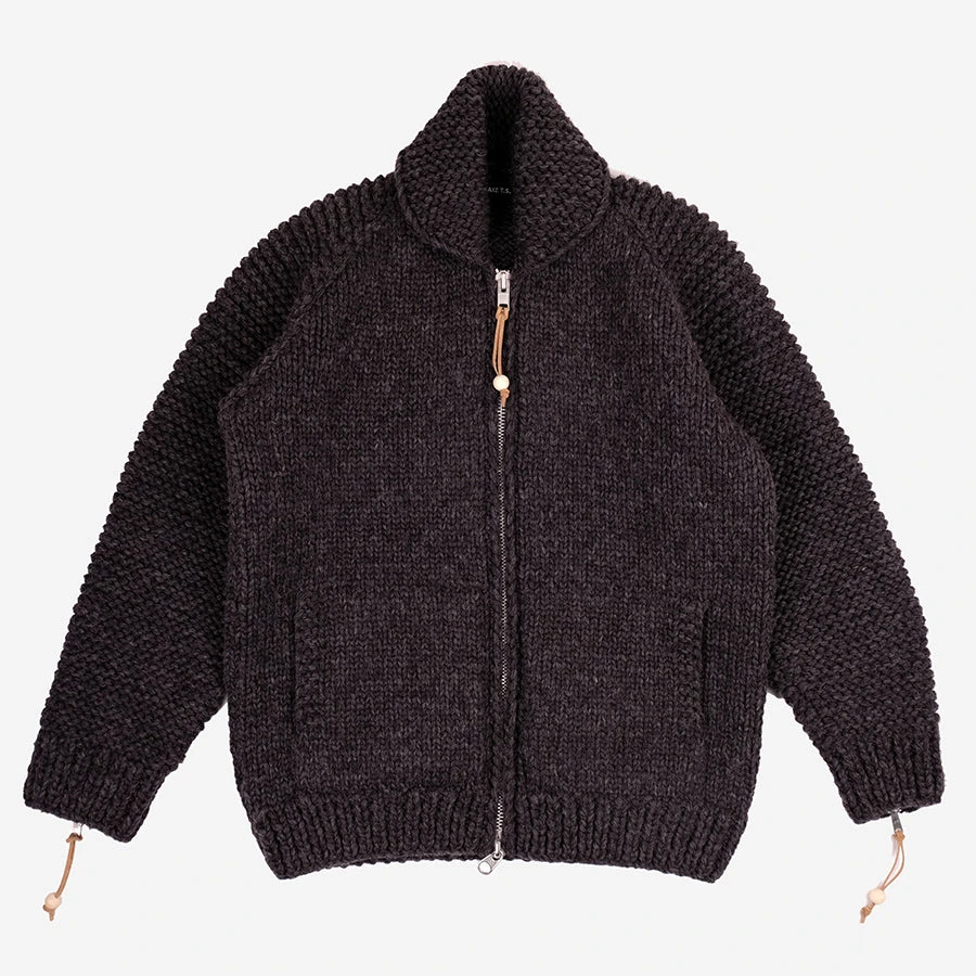FAIZ T.S. Moto Zip Wool Knit Cowichan Sweater - Charcoal Grey