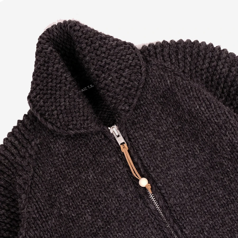 FAIZ T.S. Moto Zip Wool Knit Cowichan Sweater - Charcoal Grey - Image 2