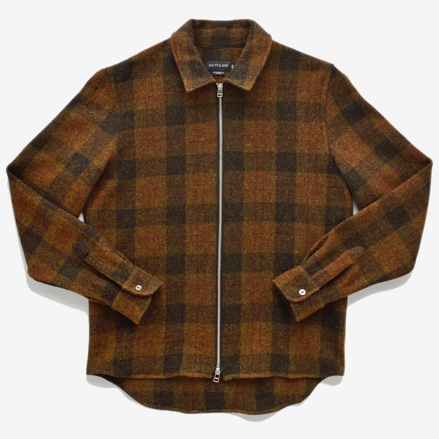 Outclass Attire Wool Zip-Up Overshirt - Brown Plaid