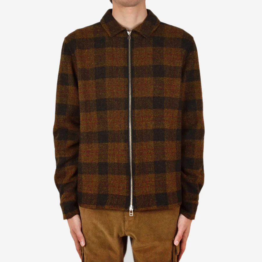 Outclass Attire Wool Zip-Up Overshirt - Brown Plaid - Image 5